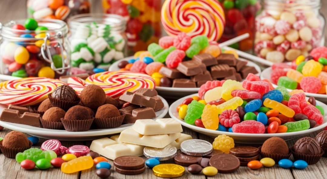 A spread of chocolates, truffles, gummies and boiled sweets